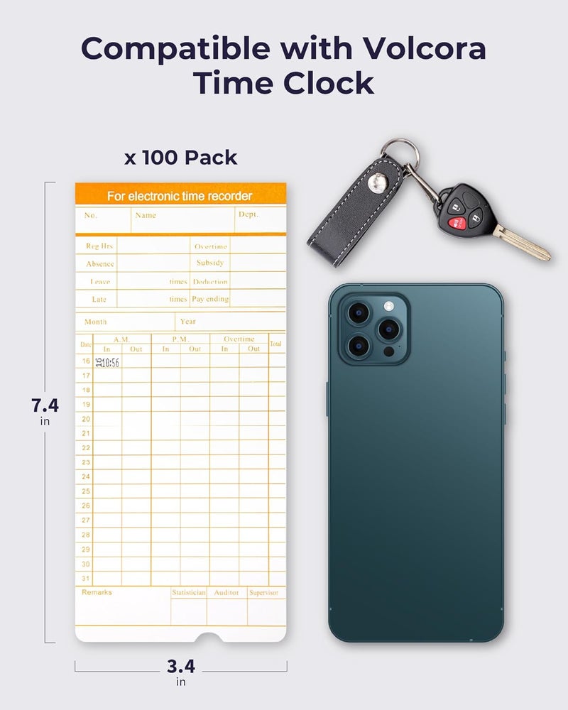 Volcora 100 Pack Time Cards for Employees 2 Sided 7.4 x 3.4" Sprint for Time Clock, Timecards Monthly for Time Recorder, Overtime and Total Hours Included - Image 2